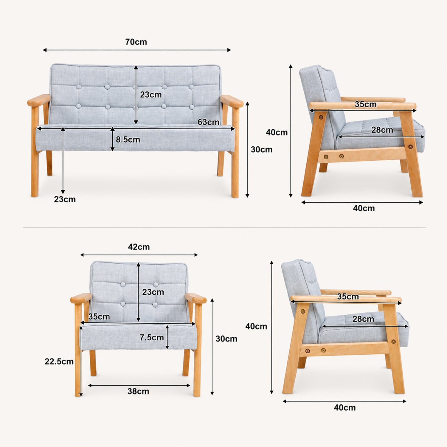 Abmessungen des gepolsterten Kindersofas als 1-Sitzer und 2-Sitzer