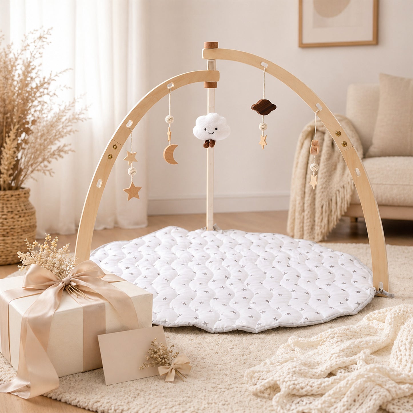 Holz Baby Gym mit Spielmatte – mit 5 Anhängern