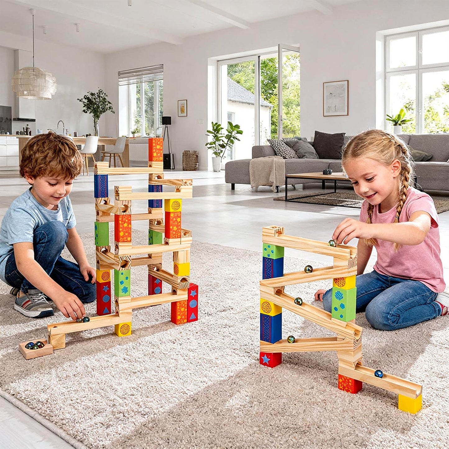 Montessori Kugelbahn mit bunten Holzbausteinen und Holzschienen