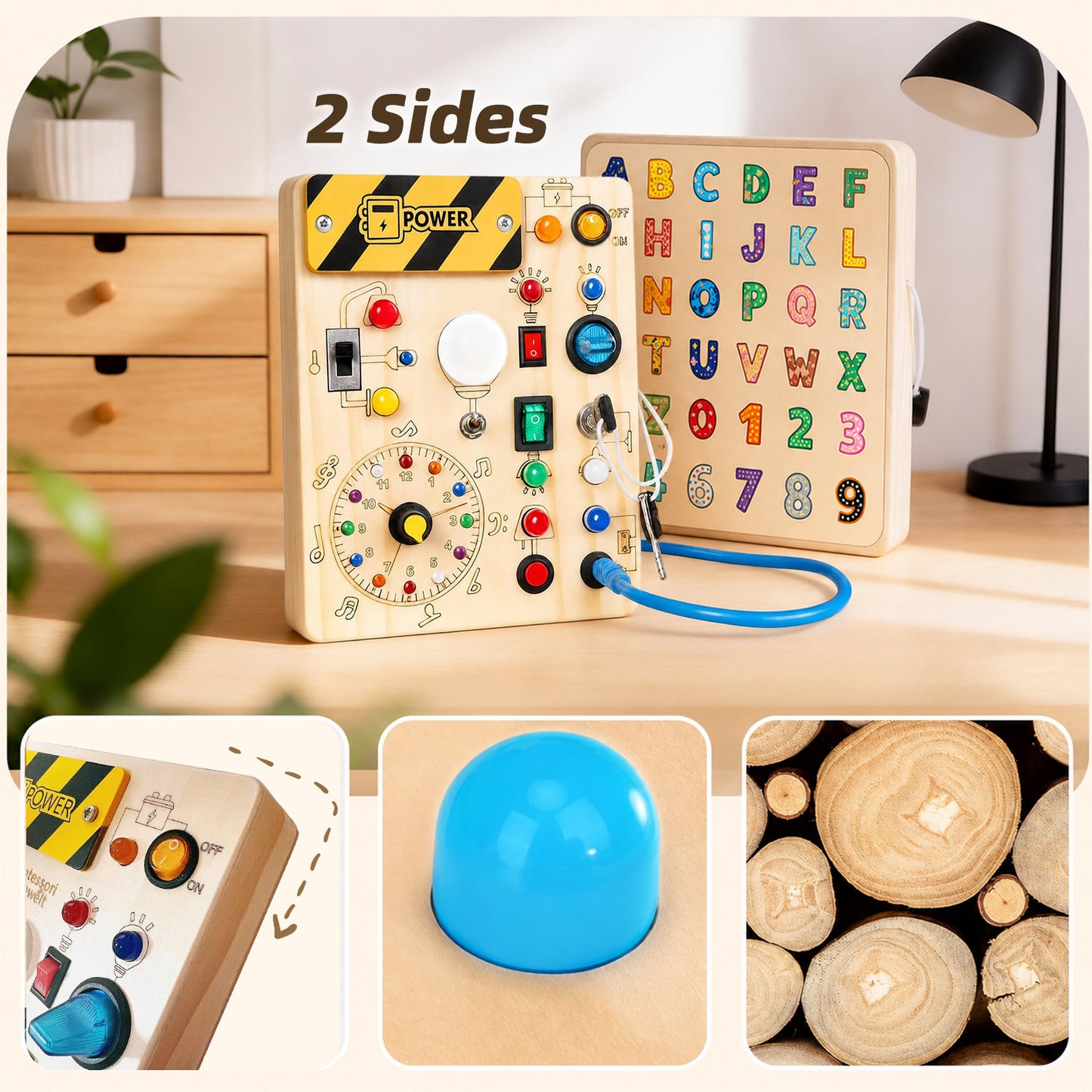 LED Busy Board für Kinder aus Holz Vorderseite