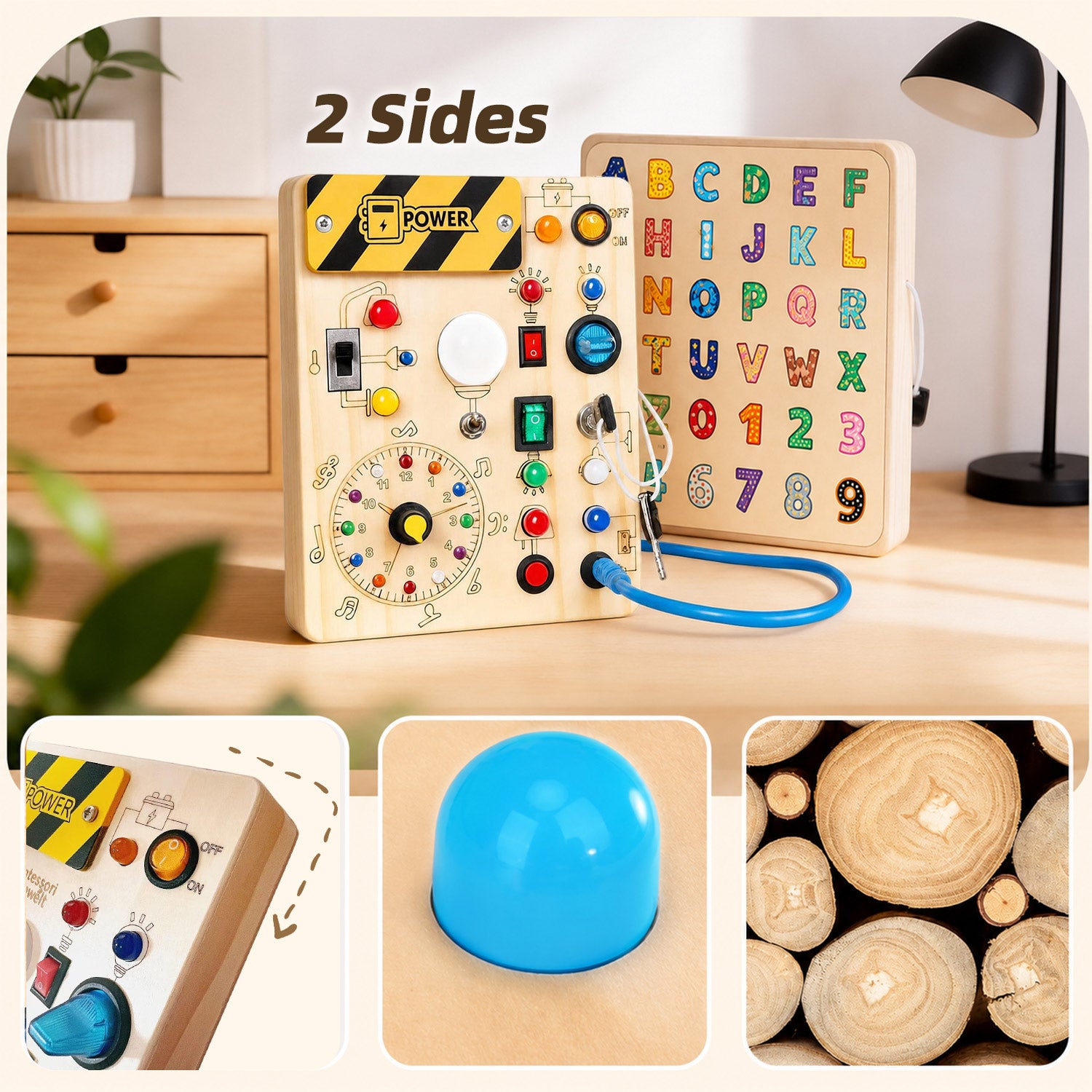 LED Busy Board für Kinder aus Holz Vorderseite