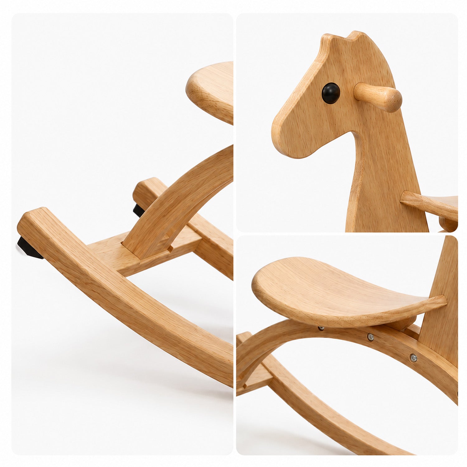 Details vom Massivholz Schaukelpferd mit glatter Oberfläche und stabilem Design
