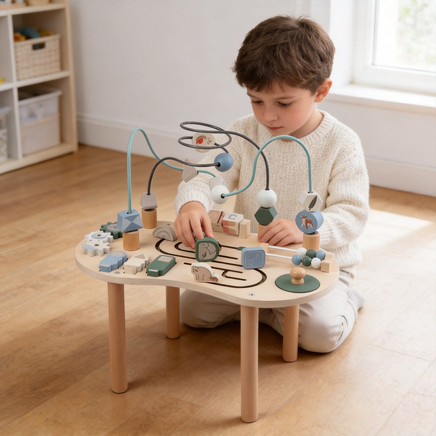 Montessori Aktivitätstisch mit Wald- und Tiermotiven für ruhiges Entdecken
