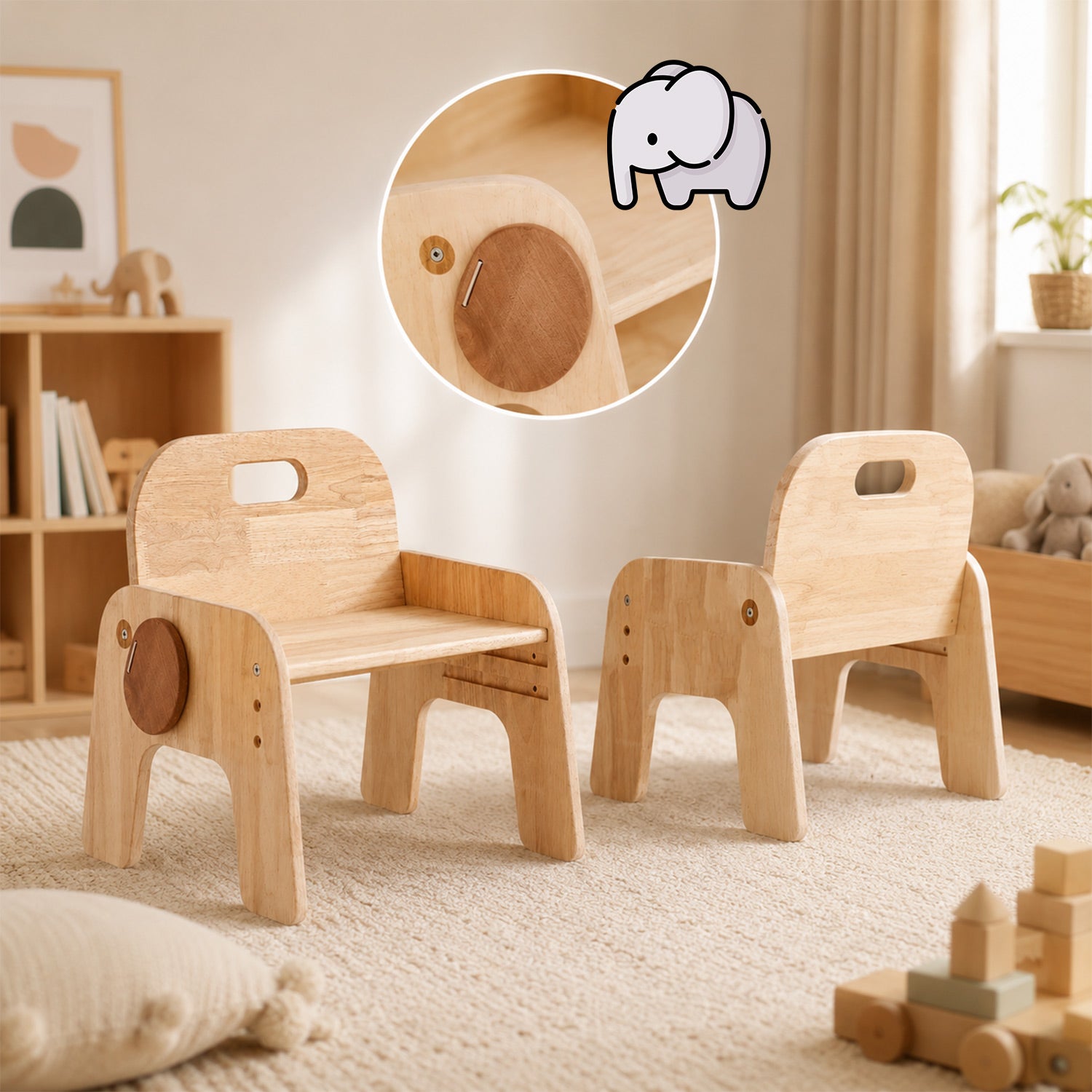 Kinderstuhl aus Holz mit abgerundeten Kanten, Griffloch und rutschhemmenden Fußpads
