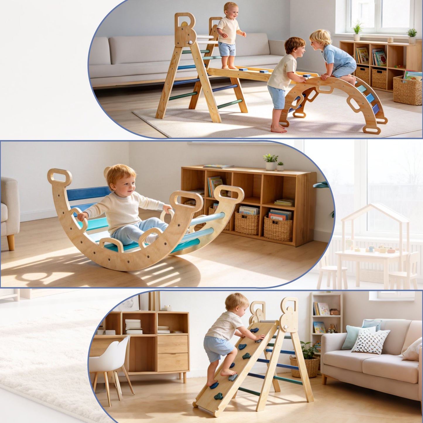 Montessori Wooden Climbing Set – Foldable Triangle & Arch Ramp