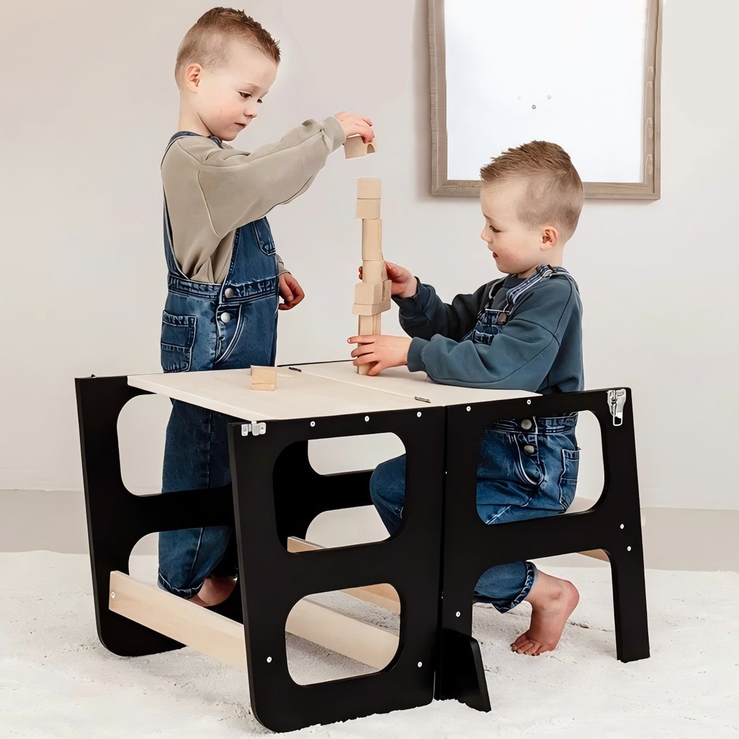 Montessori Lernturm 3-in-1 in Schwarz und Naturholz mit Rutsche für Kinder