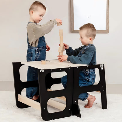 Montessori Lernturm 3-in-1 in Schwarz und Naturholz mit Rutsche für Kinder