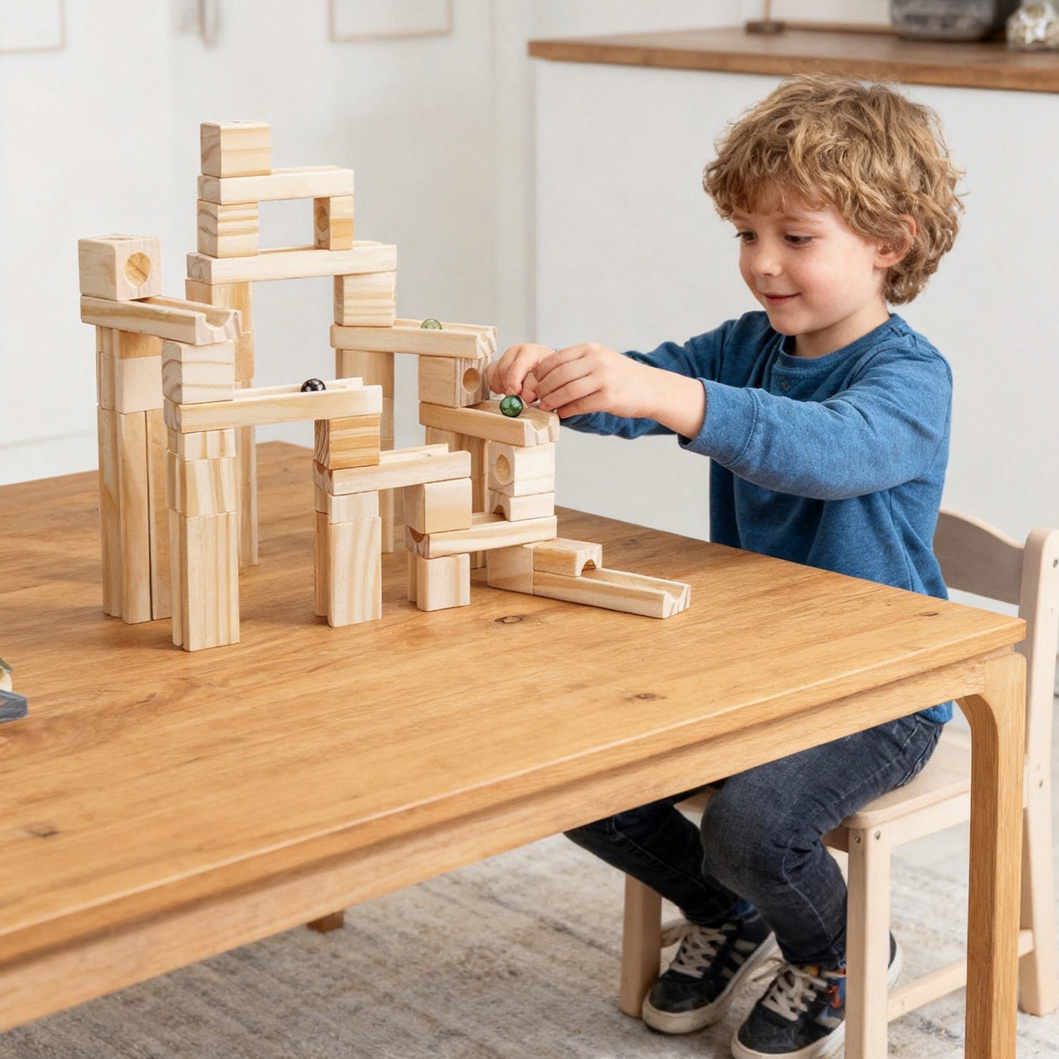 Holz Murmelbahn für Kinder ab 3 Jahren mit kleinen Baumeistern im Fokus