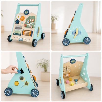 Montessori Lauflernwagen aus Holz mit Vorderseite und Rückseite Ansicht