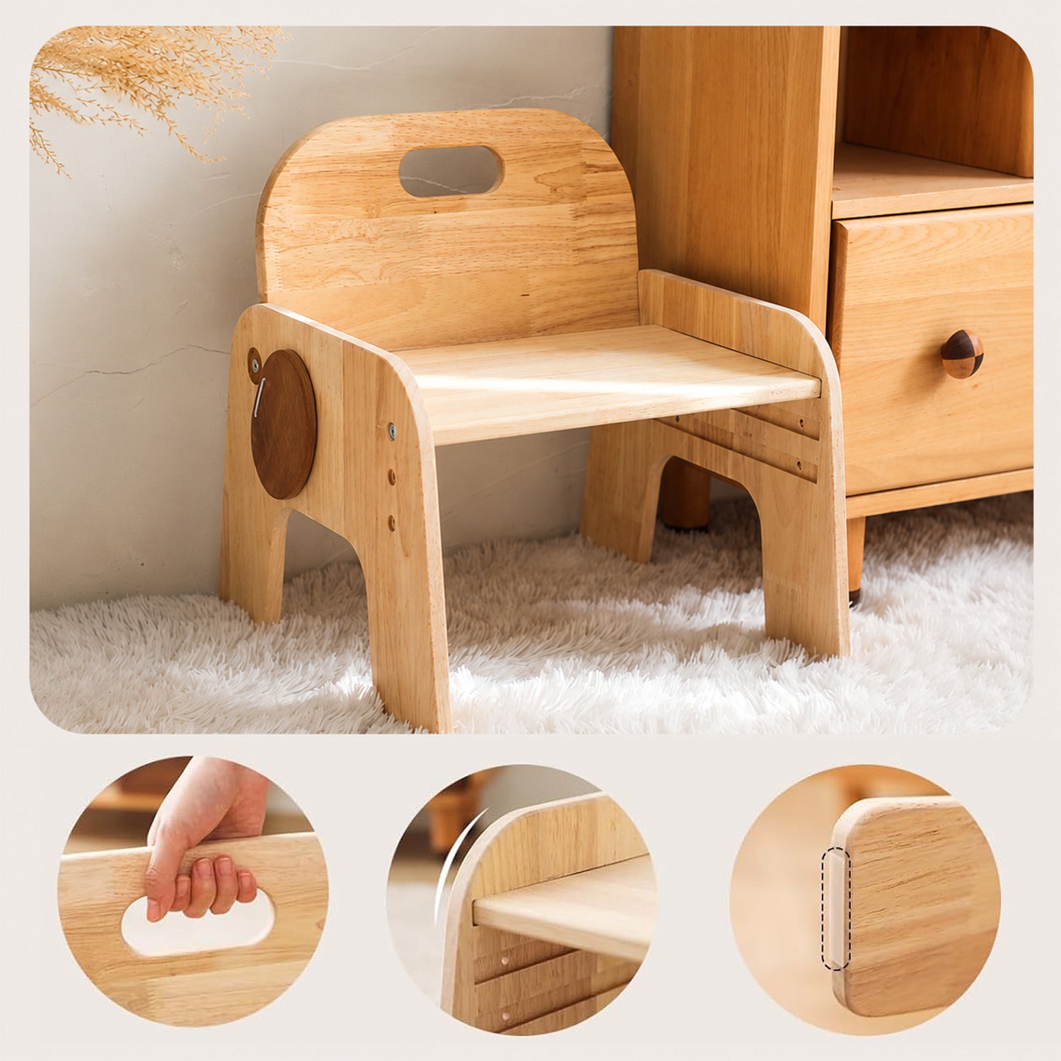 Kinderstuhl aus Holz mit praktischem Griffloch zum einfachen Tragen