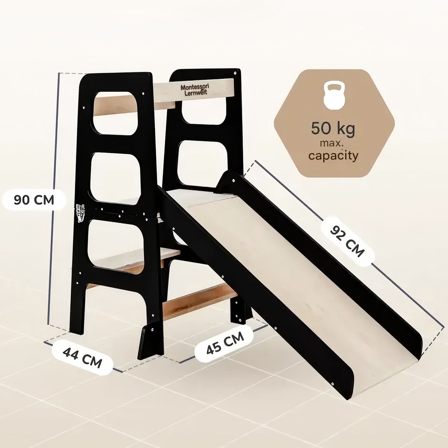 Montessori Lernturm 3-in-1 in Schwarz und Naturholz als Tisch und Sitzplatz
