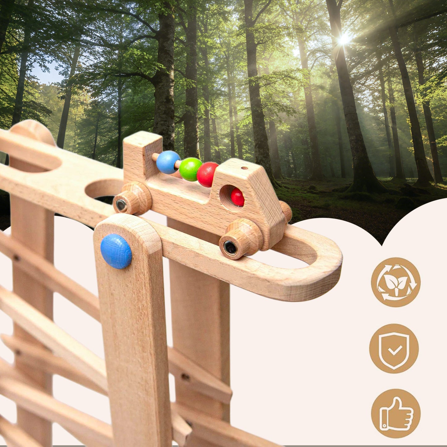 Kinder Kugelbahn aus Holz mit bunten Rollteilen