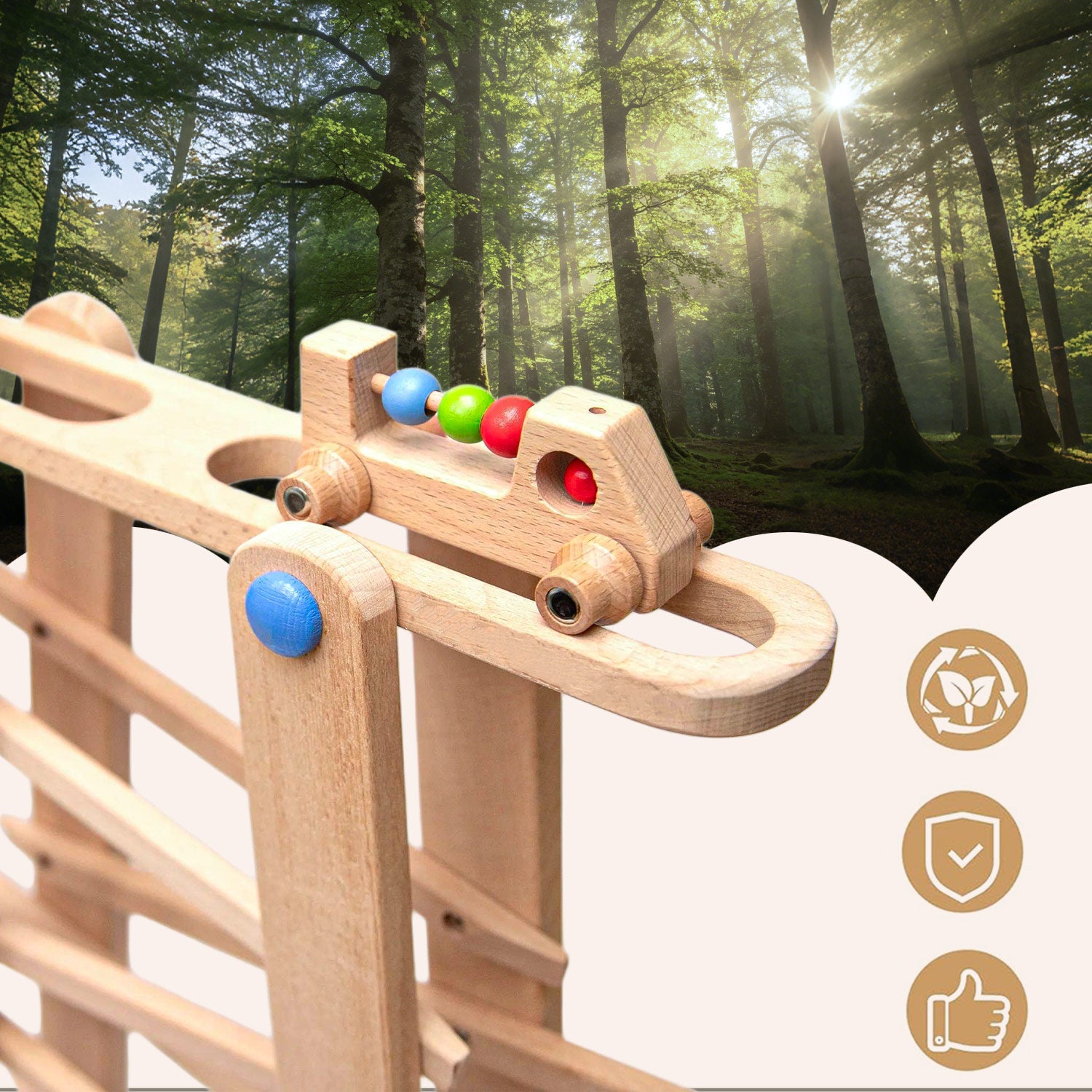 Kinder Kugelbahn aus Holz mit bunten Rollteilen