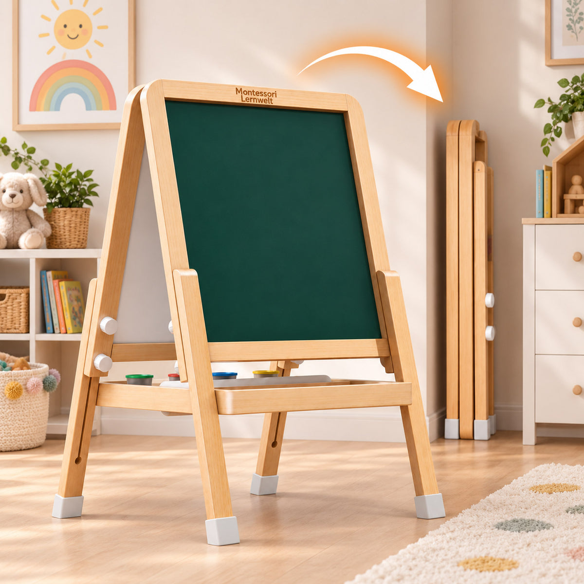 Zusammenklappbare Montessori Kinder Staffelei aus Holz für kleine Räume