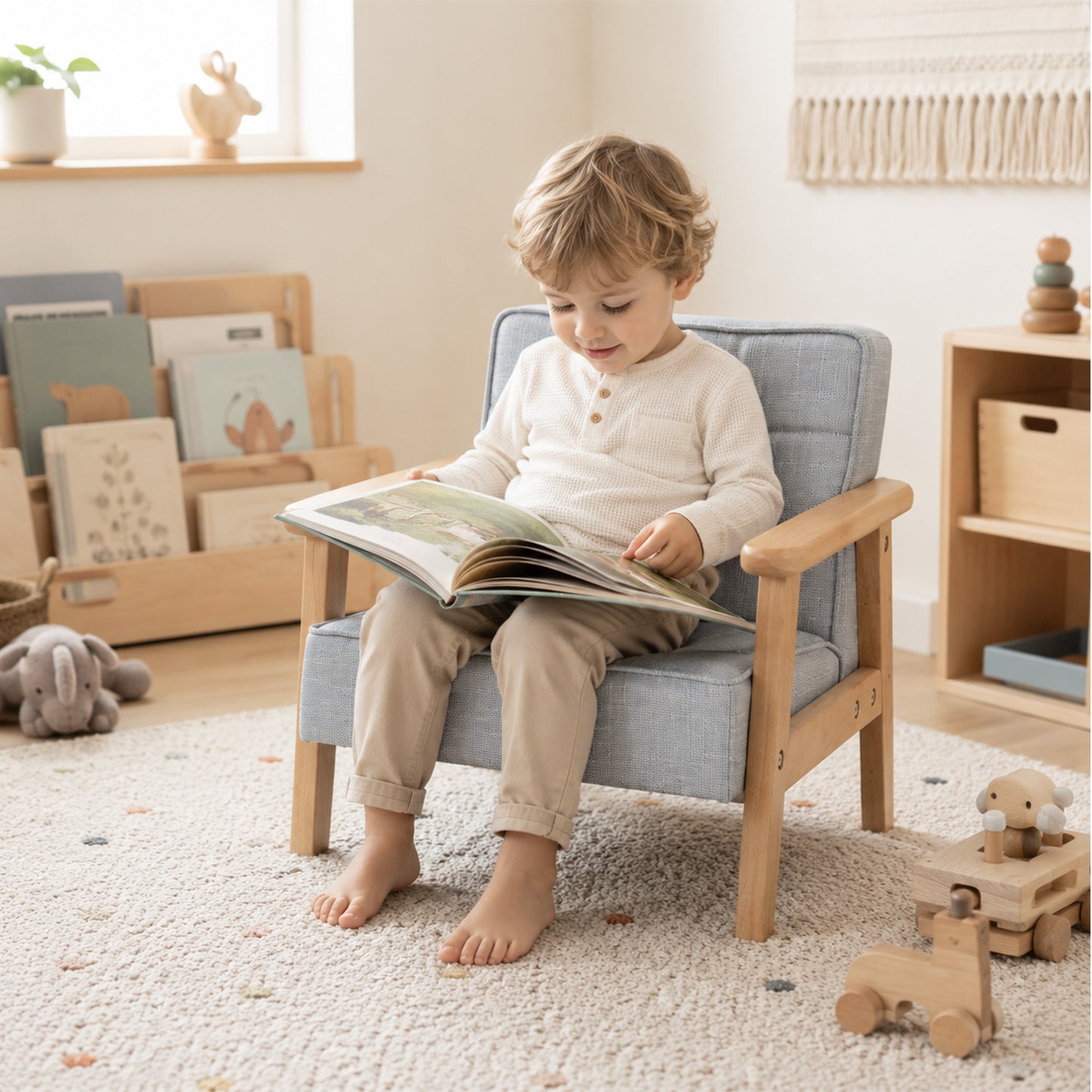 Kleinkind liest ein Bilderbuch auf einem gepolsterten Kindersofa