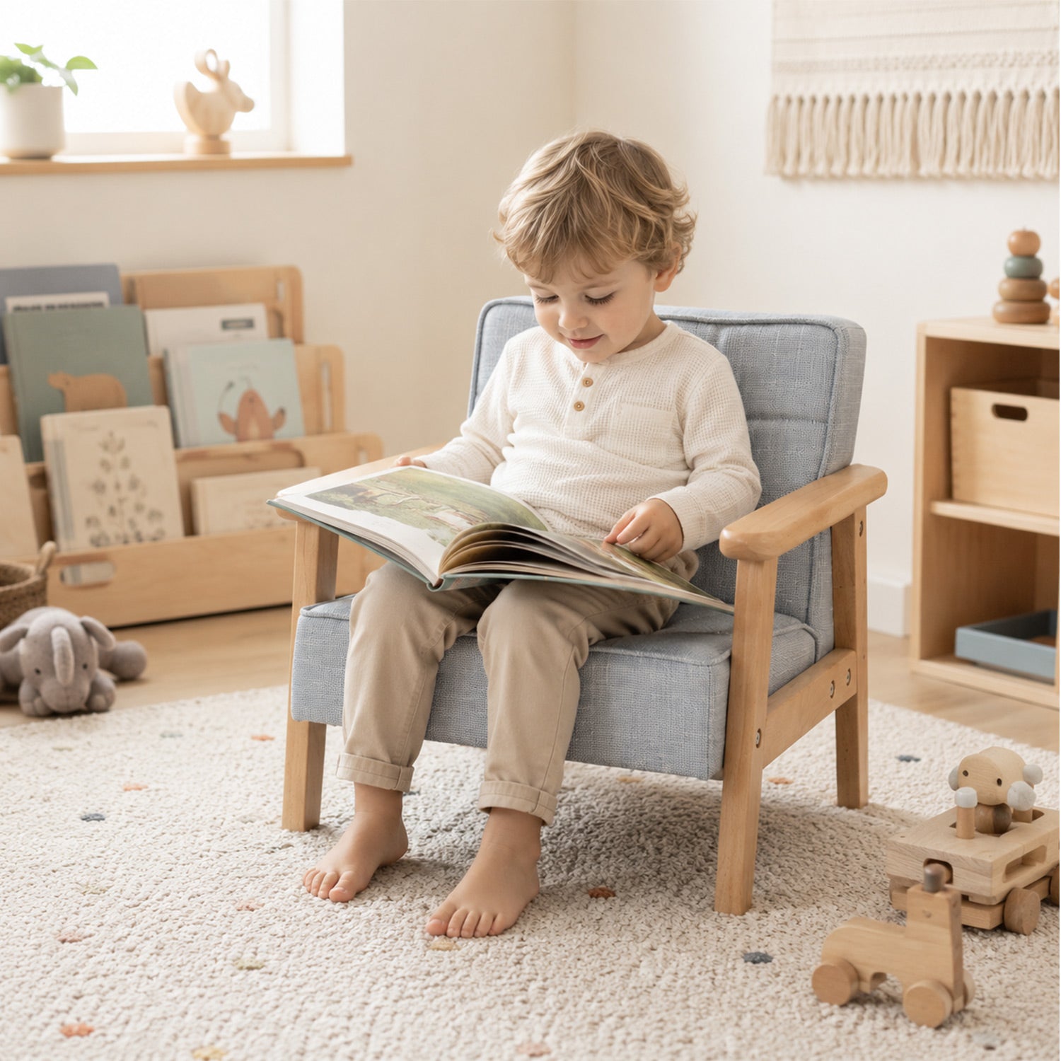 Kleinkind liest ein Bilderbuch auf einem gepolsterten Kindersofa
