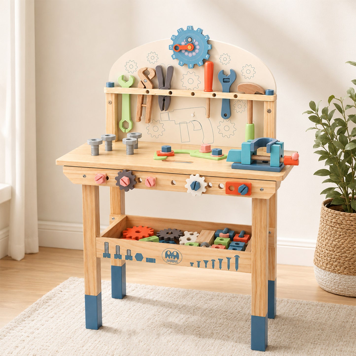 Holz-Werkbank für Kinder mit Größenvergleich im Kinderzimmer