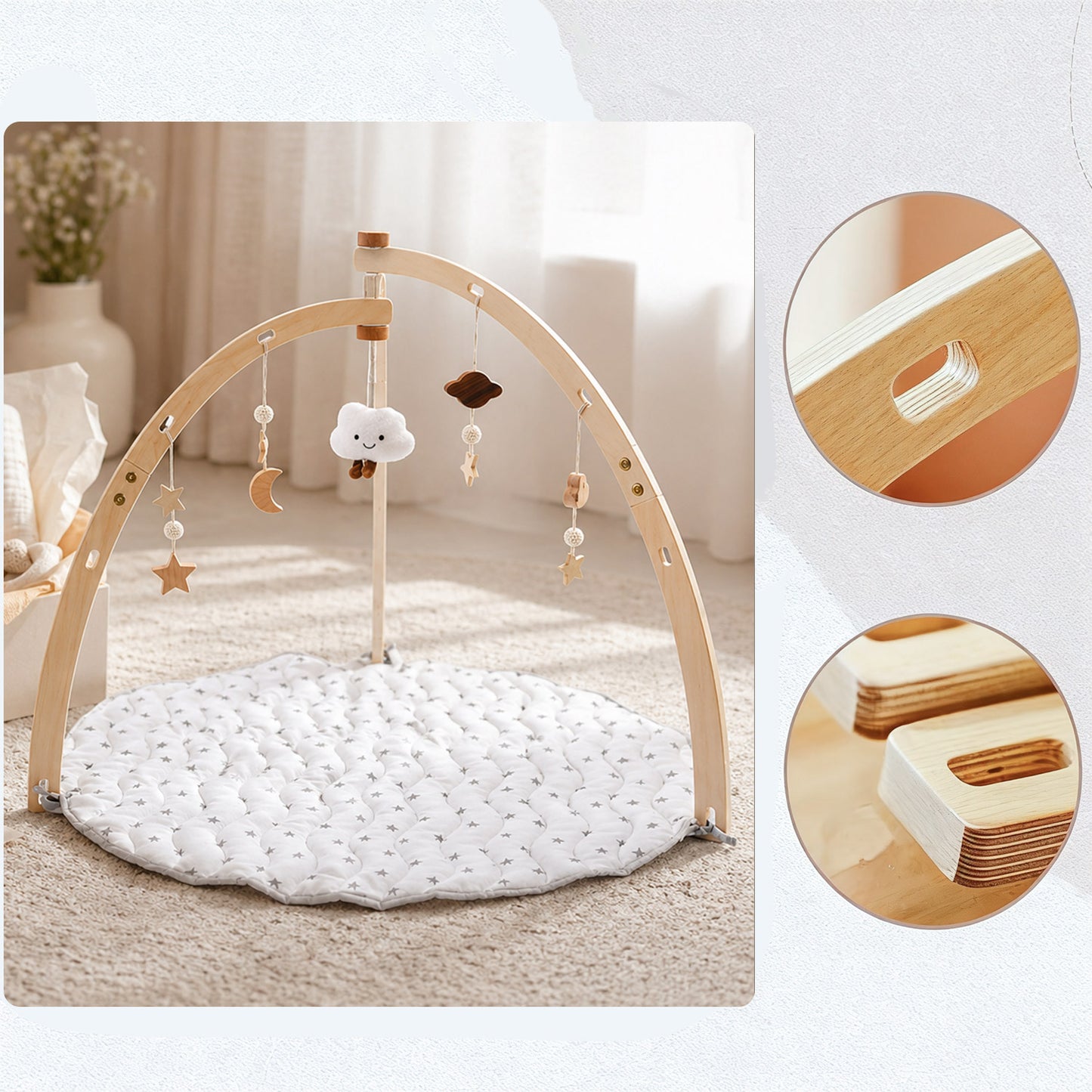 Holz Baby Gym mit Spielmatte – mit 5 Anhängern