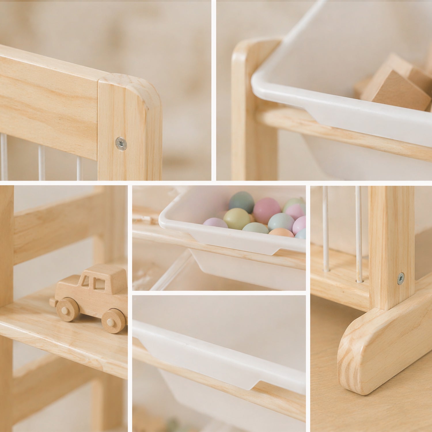 Kinderregal in Naturholz mit weißem Boxensystem für mehr Ordnung im Alltag