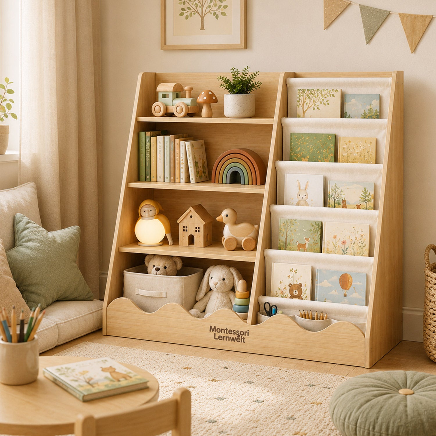 Kinderregal mit dargestellter Kippsicherung zur sicheren Befestigung an der Wand