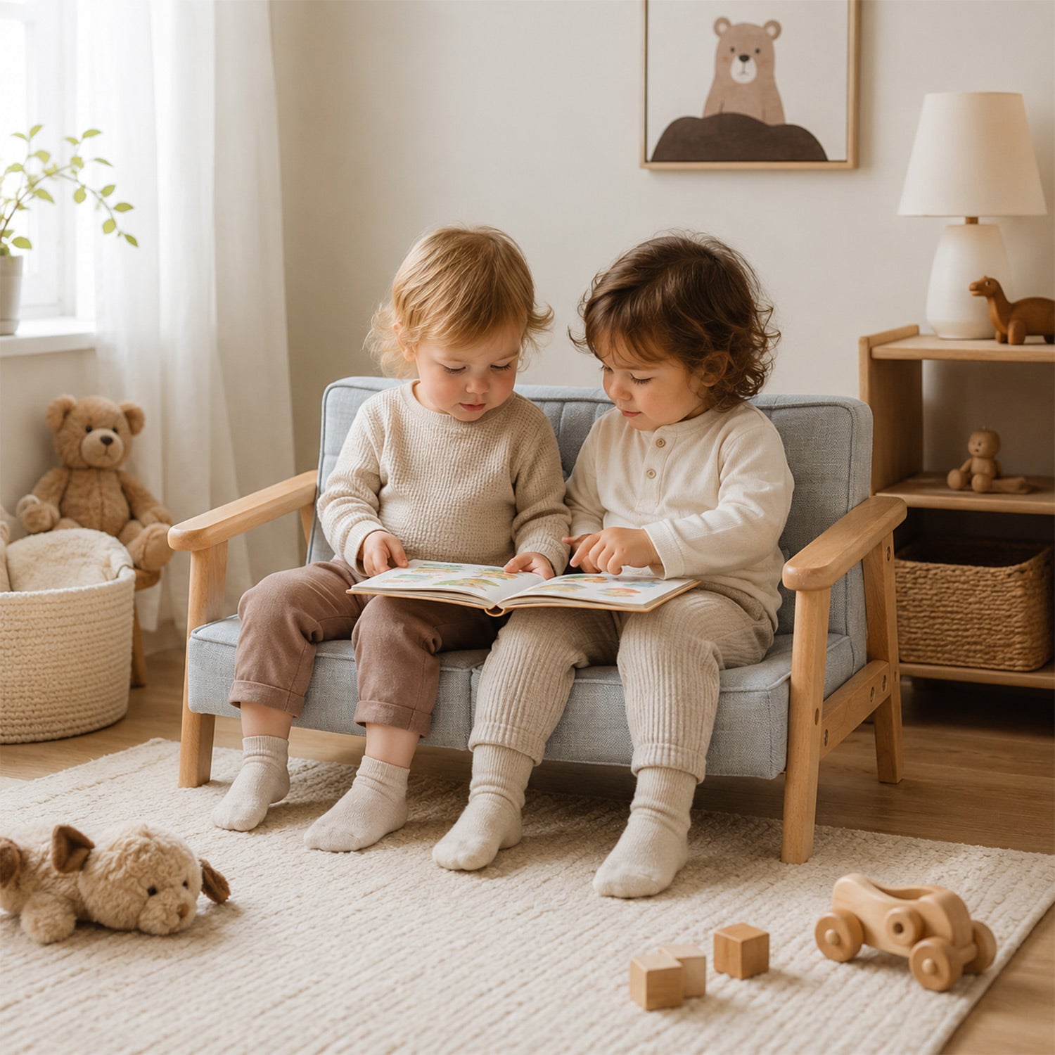 Zwei Kleinkinder lesen gemeinsam auf einem gepolsterten 2-Sitzer-Kindersofa