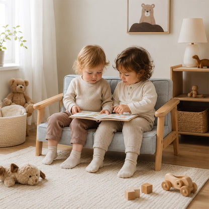 Zwei Kleinkinder lesen gemeinsam auf einem gepolsterten 2-Sitzer-Kindersofa