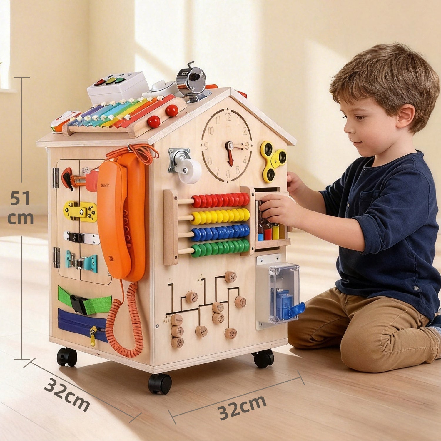 Busy House mit Schlössern, Reißverschluss, Schnallen und weiteren Alltagselementen