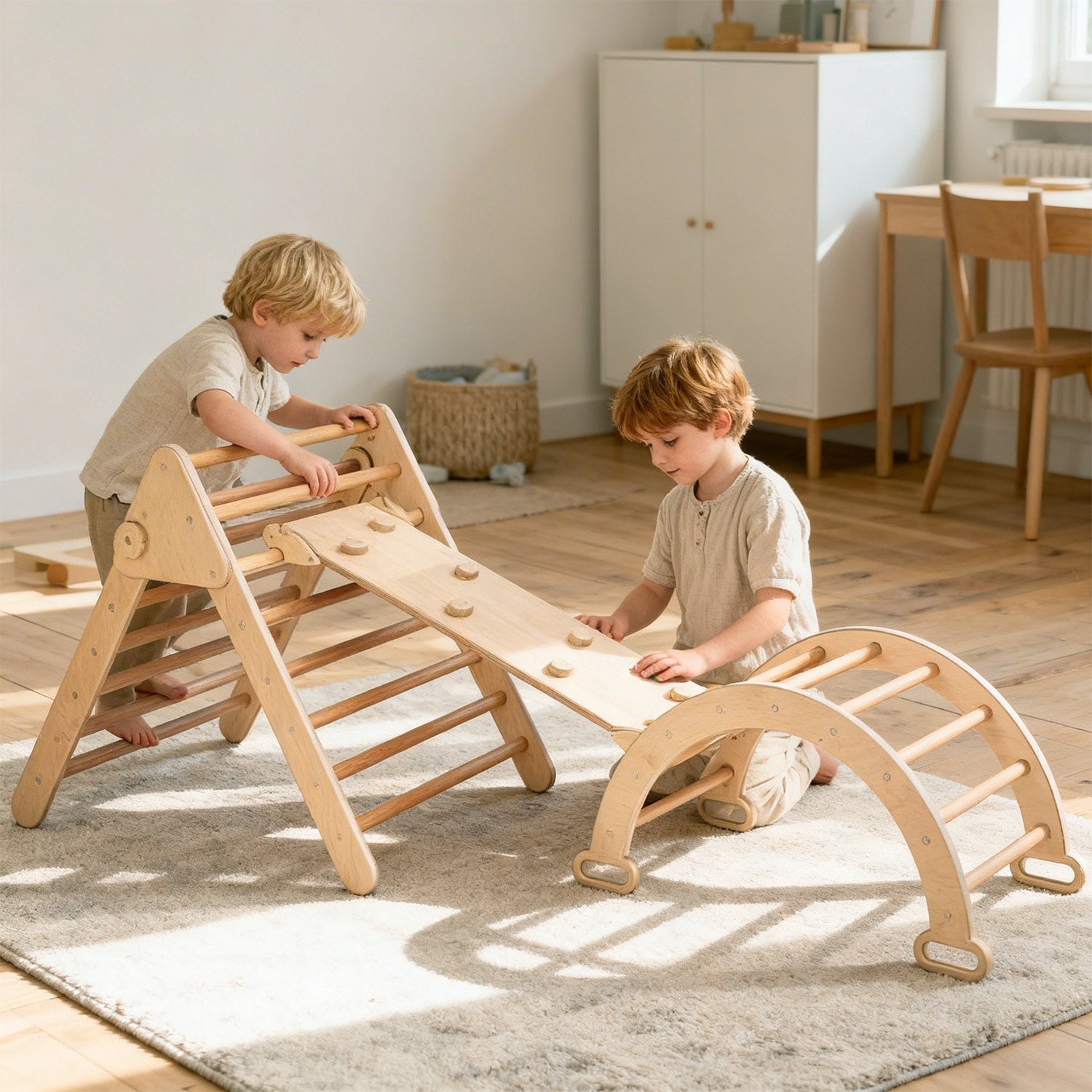 Montessori Kletterbogen aus Holz im Wohnzimmer