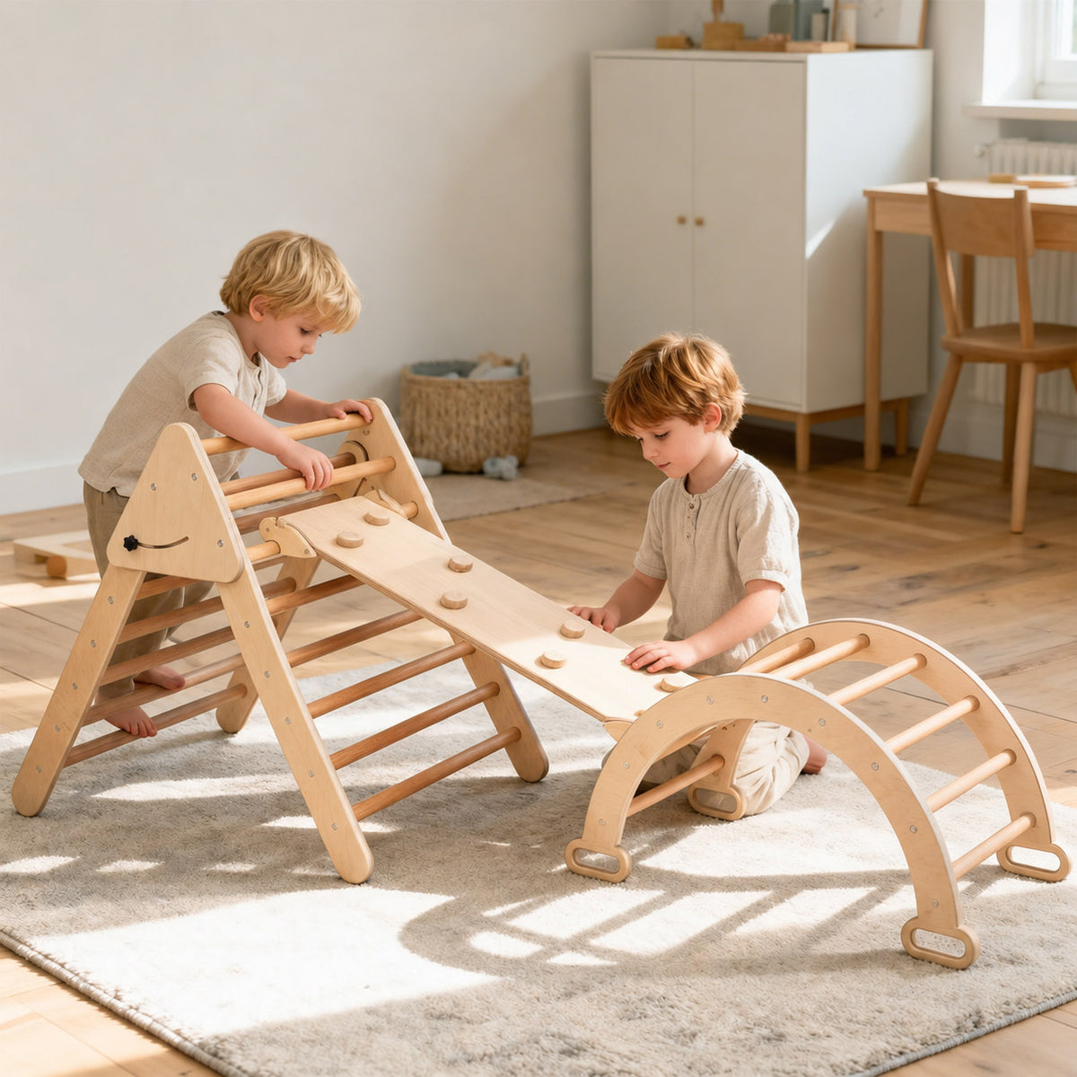 Montessori Kletterbogen aus Holz im Wohnzimmer