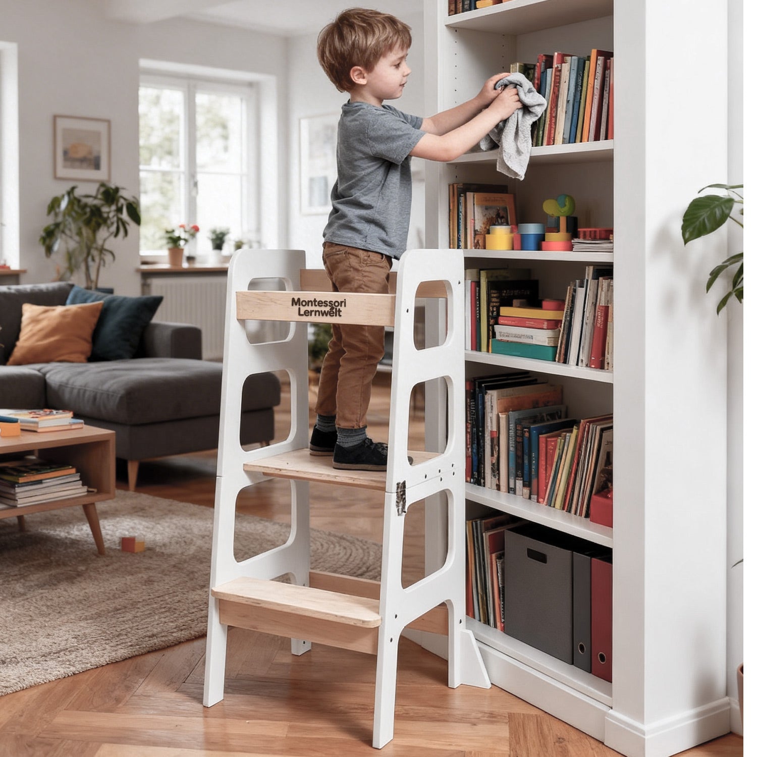 Vorderansicht des Montessori Lernturms 3-in-1 in Schwarz und Naturholz