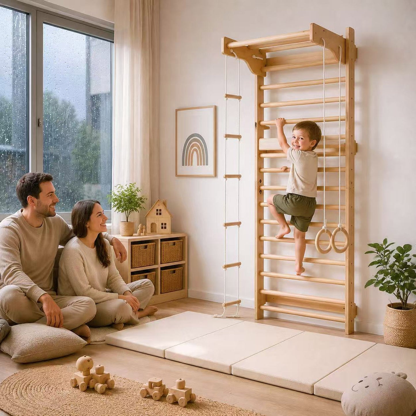 Indoor Kletterwand im Kinderzimmer mit Kind und Eltern beim Spielen
