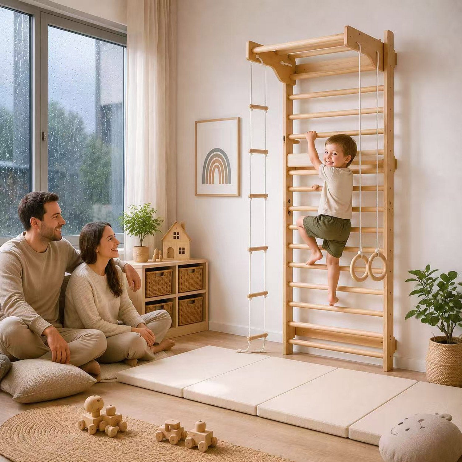 Indoor Kletterwand im Kinderzimmer mit Kind und Eltern beim Spielen