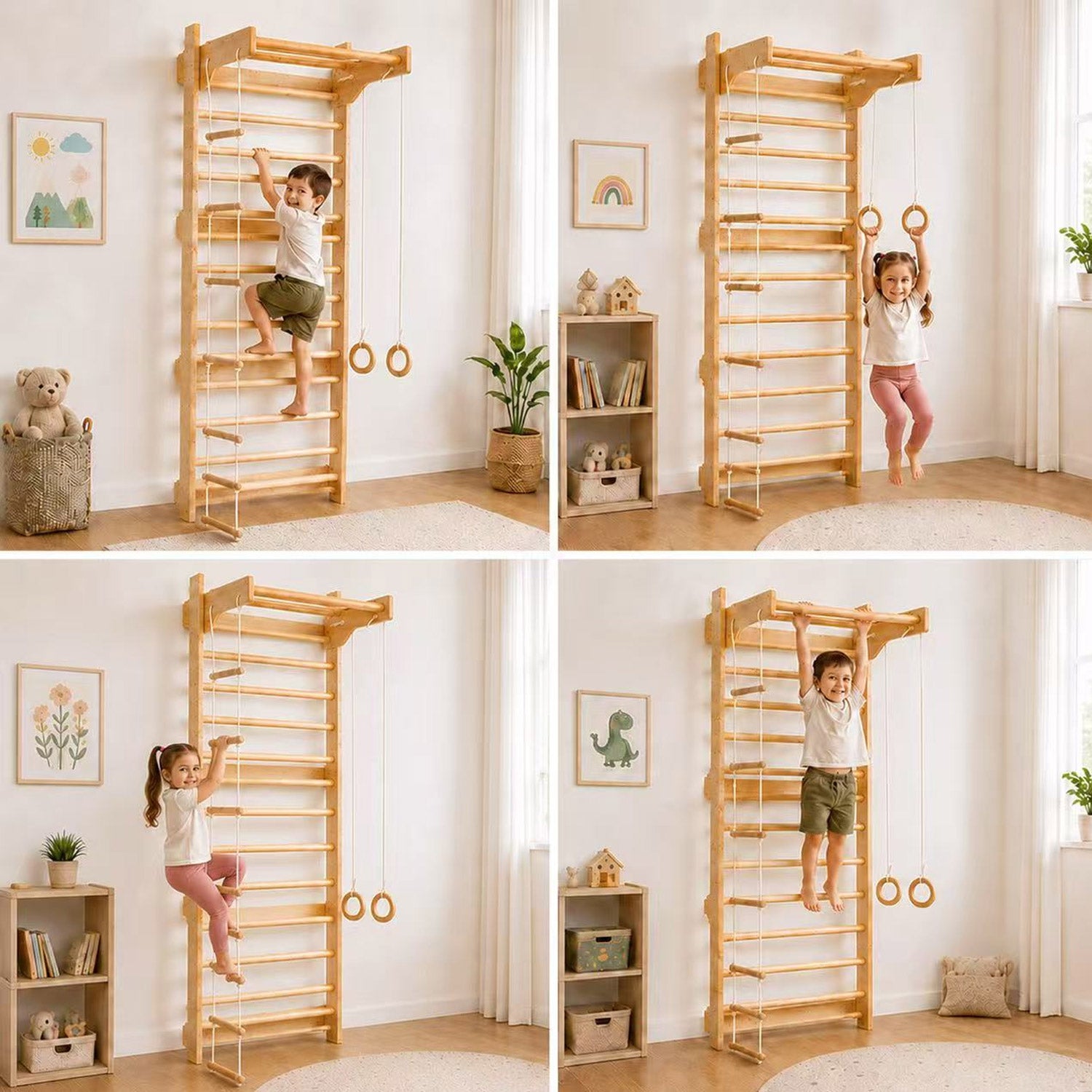 4 in 1 Kinder Turngerät mit Sprossenwand Kletterleiter und Turnringen