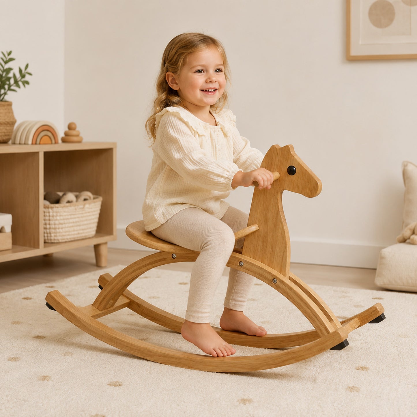Mädchen spielt mit einem natürlichen Holz Schaukelpferd im Kinderzimmer