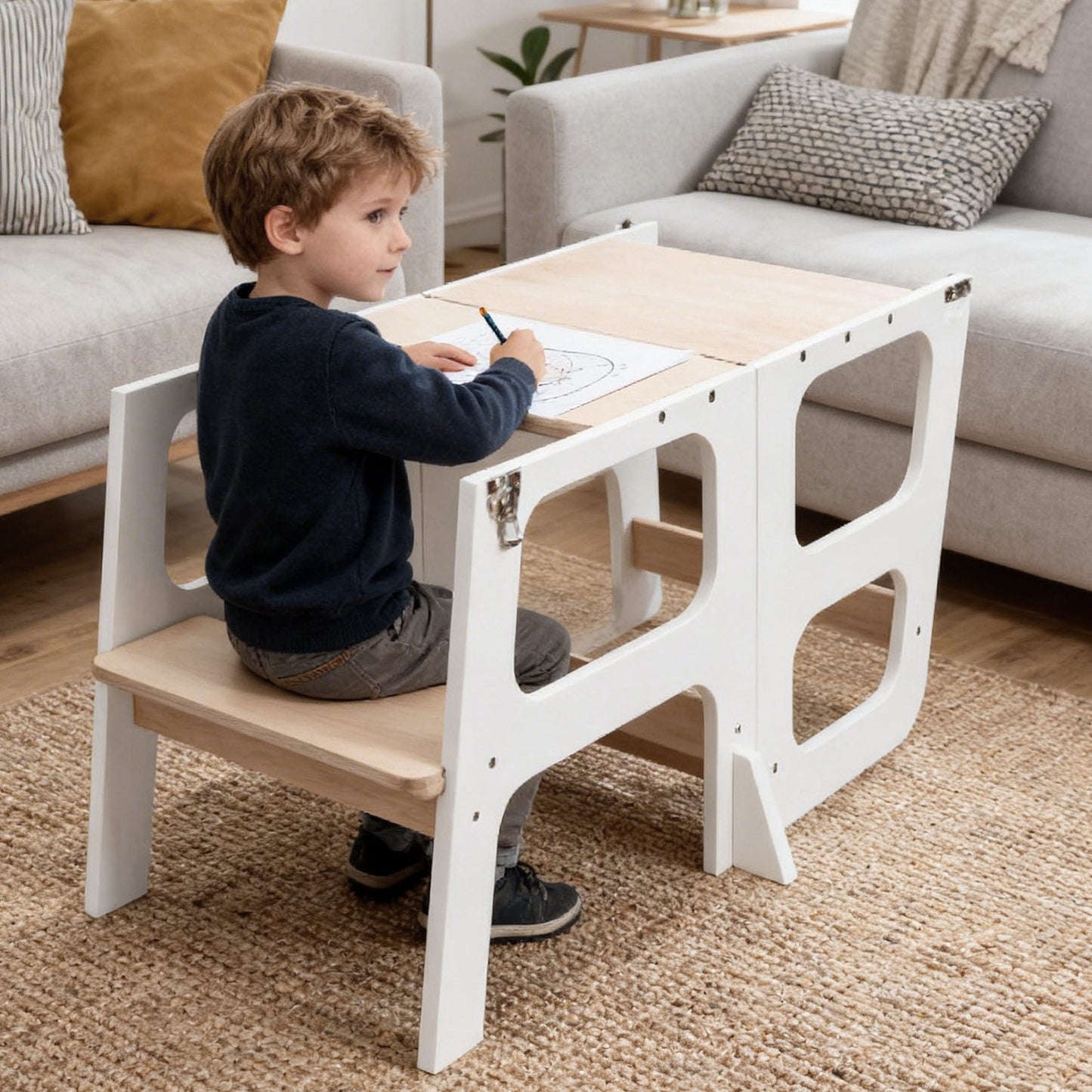 Montessori Lernturm 3-in-1 in Weiß und Naturholz mit Rutsche und Tisch in der Gesamtansicht