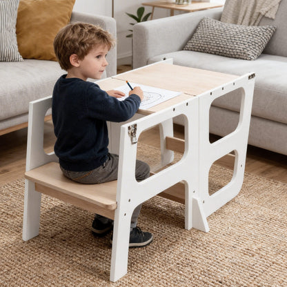 Montessori Lernturm 3-in-1 in Weiß und Naturholz mit Rutsche und Tisch in der Gesamtansicht