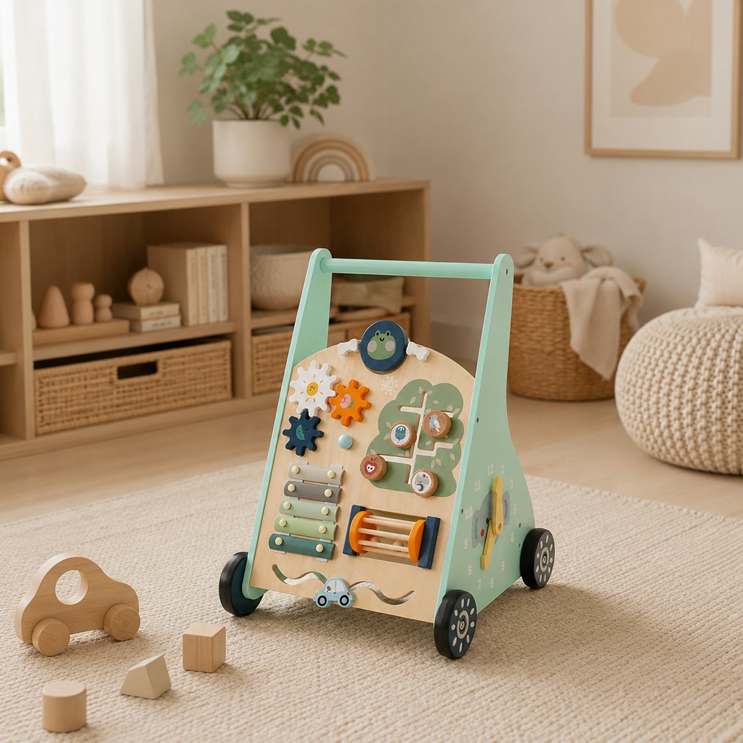 Montessori Holz Lauflernwagen im modernen Kinderzimmer