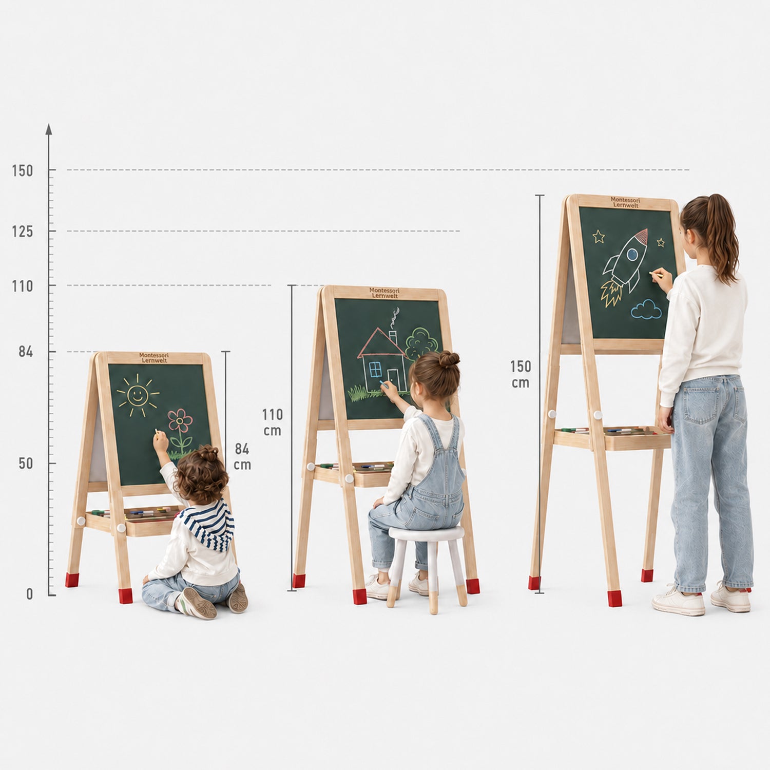 Höhenverstellbare Kinder Staffelei mit Größenübersicht