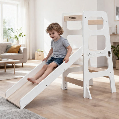 Tischfunktion des Montessori Lernturms 3-in-1 in Schwarz und Naturholz
