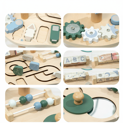 Montessori Lerntisch aus Holz mit beweglichen Elementen und Kugelwegen
