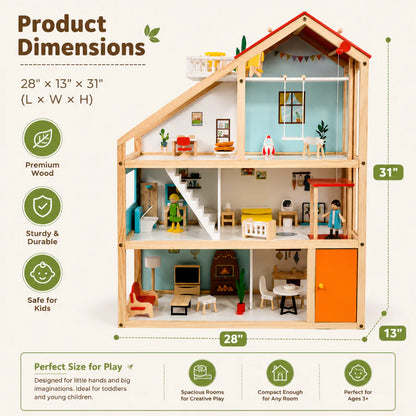 Maison de poupées ouverte en bois – 2 étages avec meubles