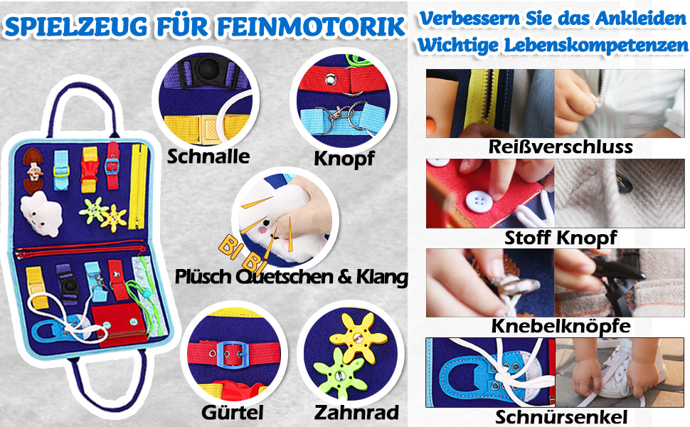 Montessori-busy board/quiet book med 8 sidor – dinosaurie