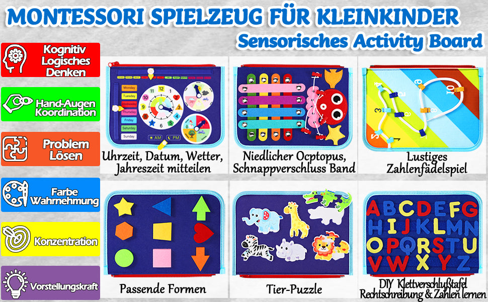 Montessori-busy board/quiet book med 8 sidor – dinosaurie