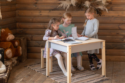 Montessori-børnebord med opbevaring og skammel – skrivebordssæt i træ til børn