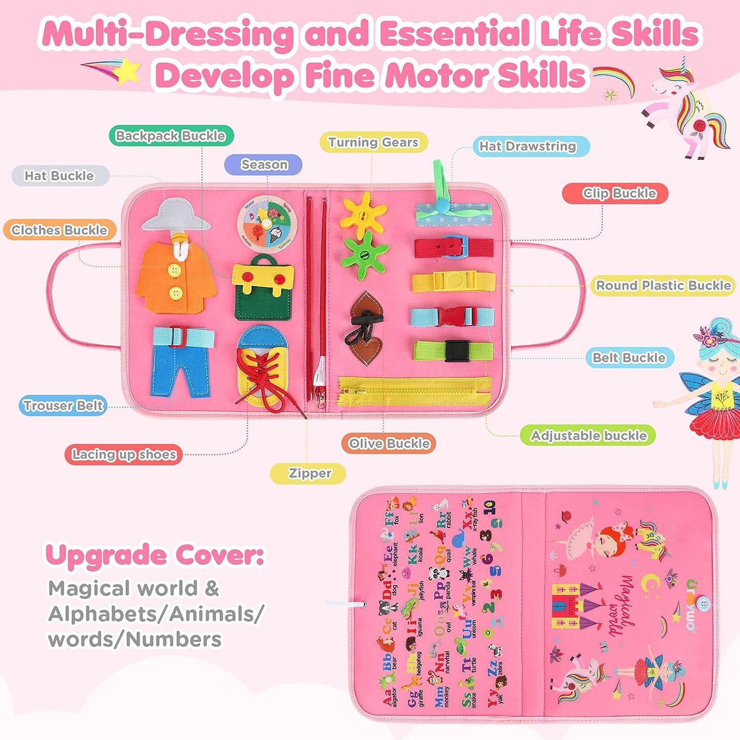 MontessoriLernwelt Busy Board 10-in-1 ¨C Prinzessin, Anziehspiel & Bauernhof, Montessori Busy Book f¨¹r Kinder 1¨C4 Jahre