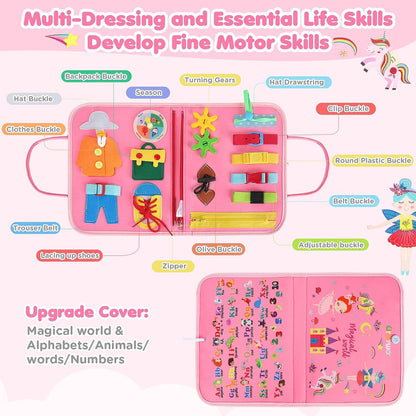 MontessoriLernwelt Busy Board 10-in-1 ¨C Prinzessin, Anziehspiel & Bauernhof, Montessori Busy Book f¨¹r Kinder 1¨C4 Jahre