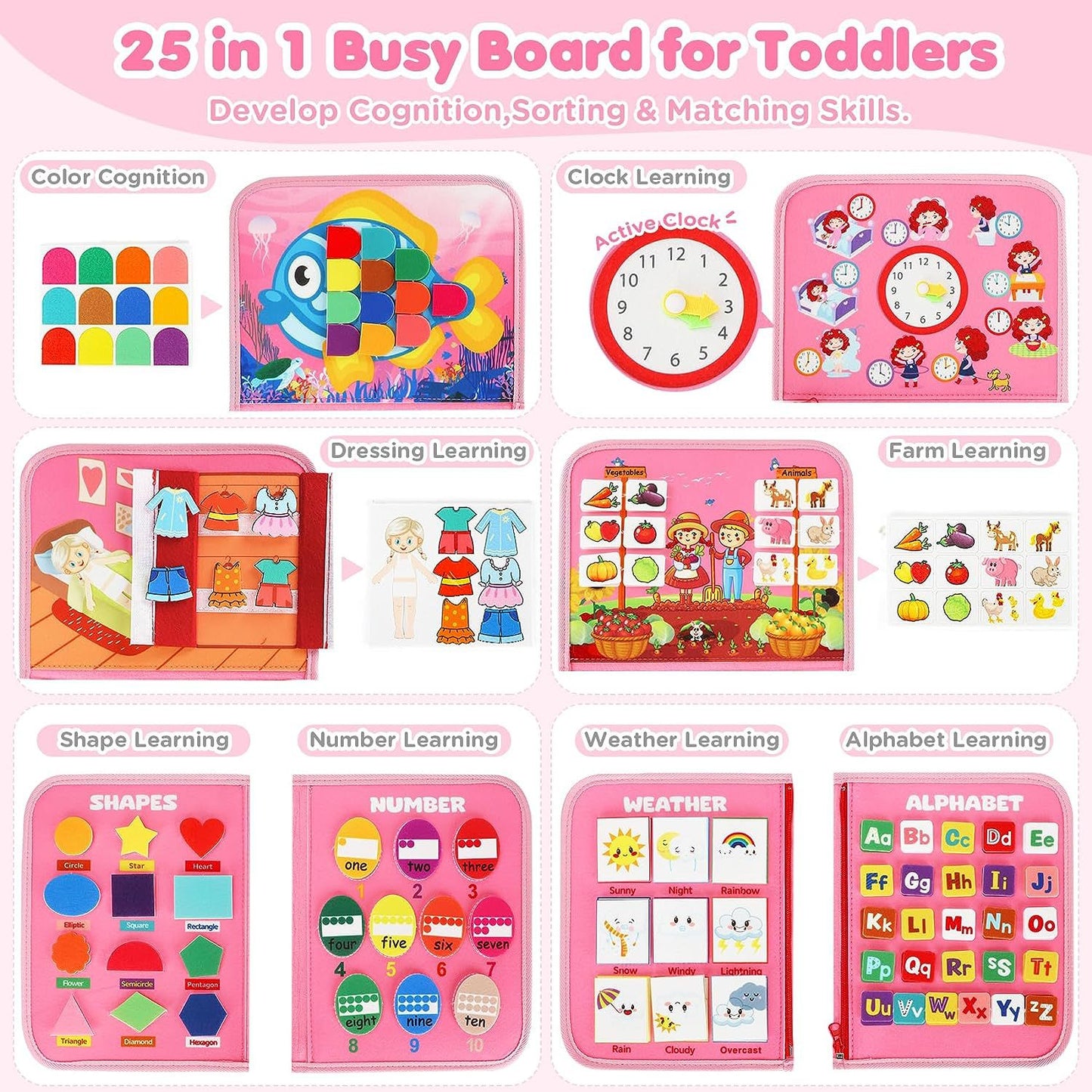 MontessoriLernwelt Busy Board 10-in-1 ¨C Prinzessin, Anziehspiel & Bauernhof, Montessori Busy Book f¨¹r Kinder 1¨C4 Jahre