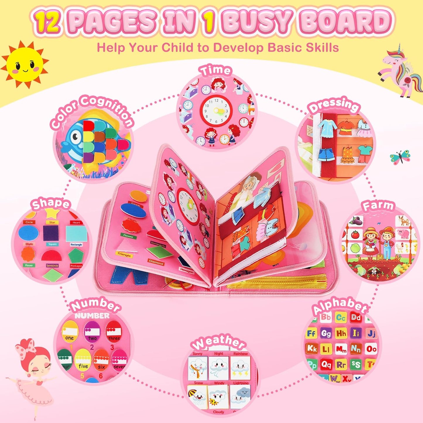MontessoriLernwelt Busy Board 10-in-1 ¨C Prinzessin, Anziehspiel & Bauernhof, Montessori Busy Book f¨¹r Kinder 1¨C4 Jahre
