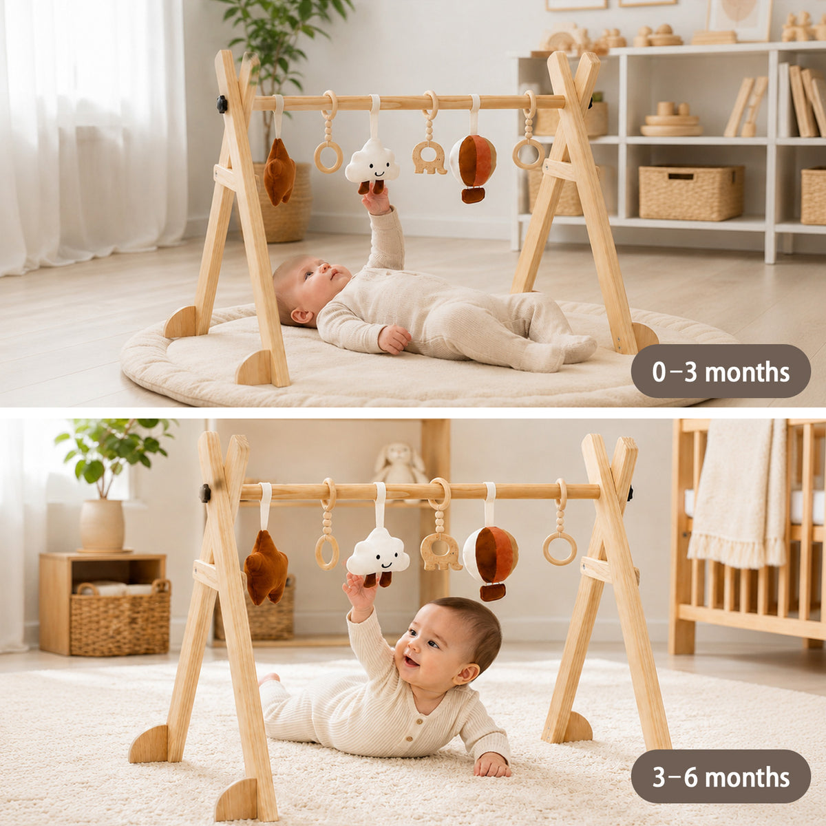 Holz Baby Gym im minimalistischen Kinderzimmer mit hängendem Spielzeug
