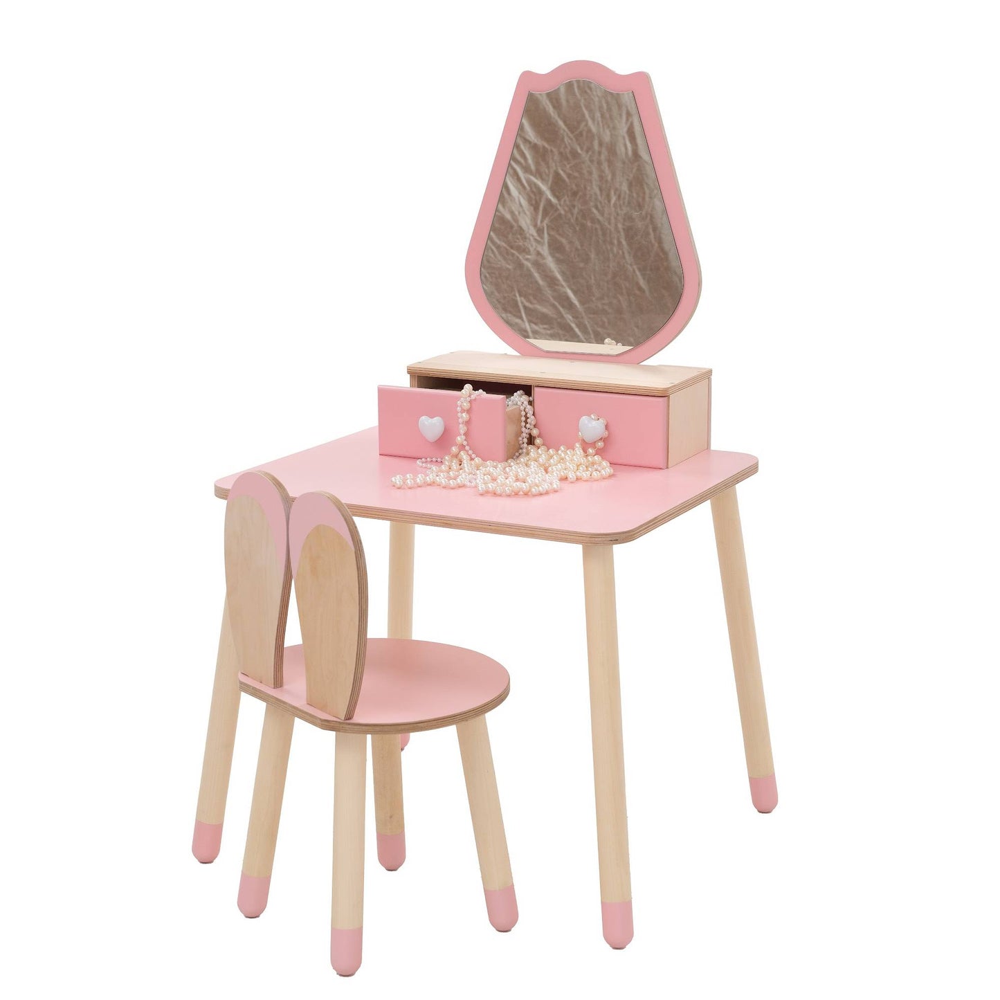 Kinder Schminktisch Set aus Holz mit Spiegel und Stuhl
